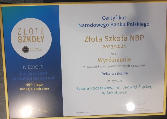 SP Sokołowiec - Jesteśmy wśród 26 LAUREATÓW = „ZŁOTA SZKOŁA NBP 2024”