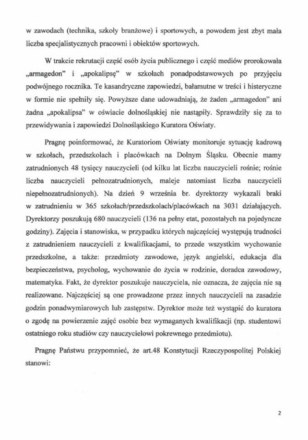 SP Sokołowiec - List Dolnośląskiego Kuratora Oświaty do Rodziców