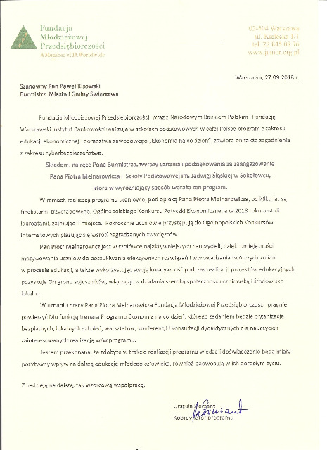 SP Sokołowiec - Szkoła Podstawowa im. Jadwigi Śląskiej w Sokołowcu ambasadorem Programu Edukacyjnego „EKONOMIA NA CO DZIEŃ”