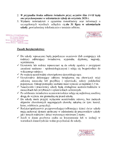 SP Sokołowiec - Plan zakończenia zajęć edukacyjnych w roku szkolnym 2019/2020.