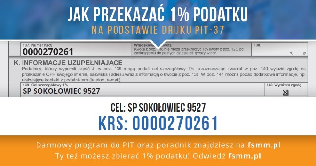 SP Sokołowiec - PRZEKAŻ 1% PODATKU dla uczniów Szkoły Podstawowej im. Jadwigi Śląskiej w Sokołowcu.