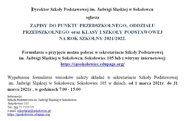 SP Sokołowiec - REKRUTACJA na rok szkolny 2020/2021