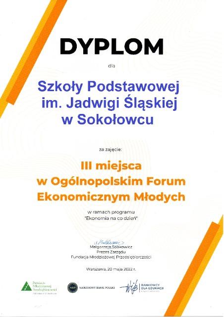 SP Sokołowiec - III miejsce w Ogólnopolskim Forum Ekonomicznym Młodych…