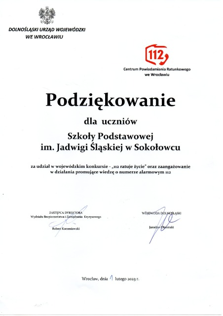 SP Sokołowiec - Podziękowanie dla uczniów Szkoły Podstawowej im. Jadwigi Śląskiej w Sokołowcu