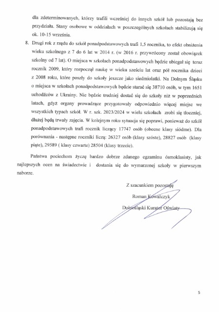 SP Sokołowiec - List Dolnośląskiego Kuratora Oświaty do Rodziców uczniów klas ósmych!